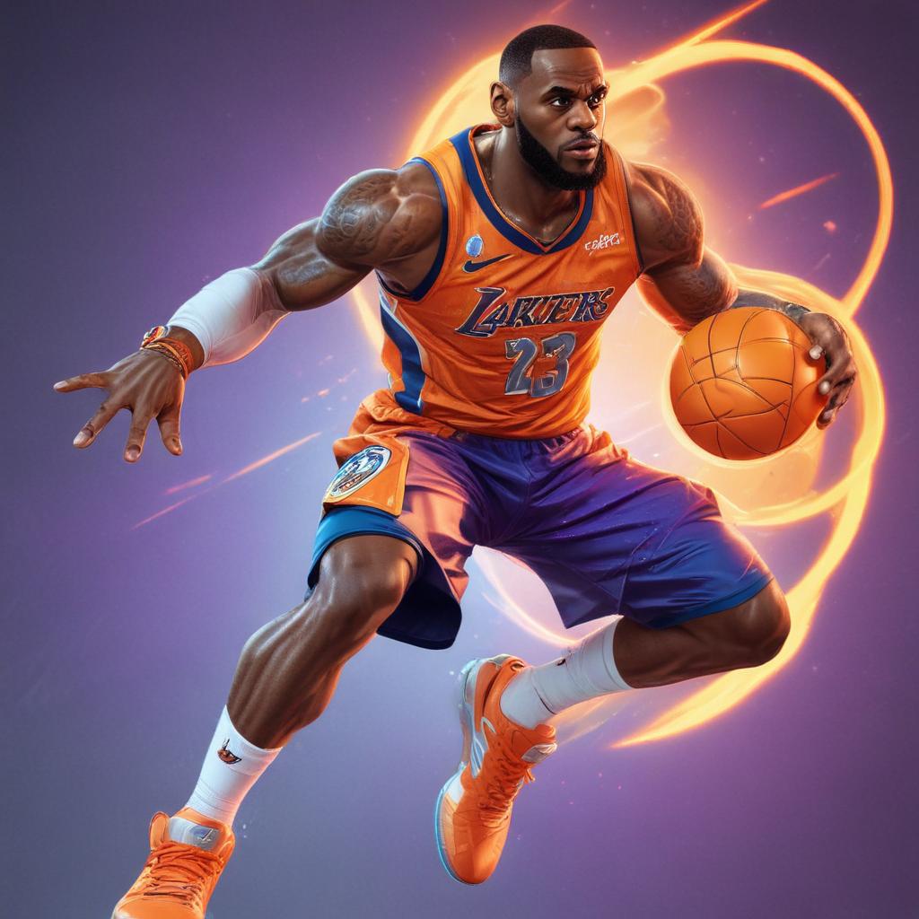 distance-shot, flashy, full-body, dynamic, holographic, animated cartoon poster of lebron james in the style of dragon ball super