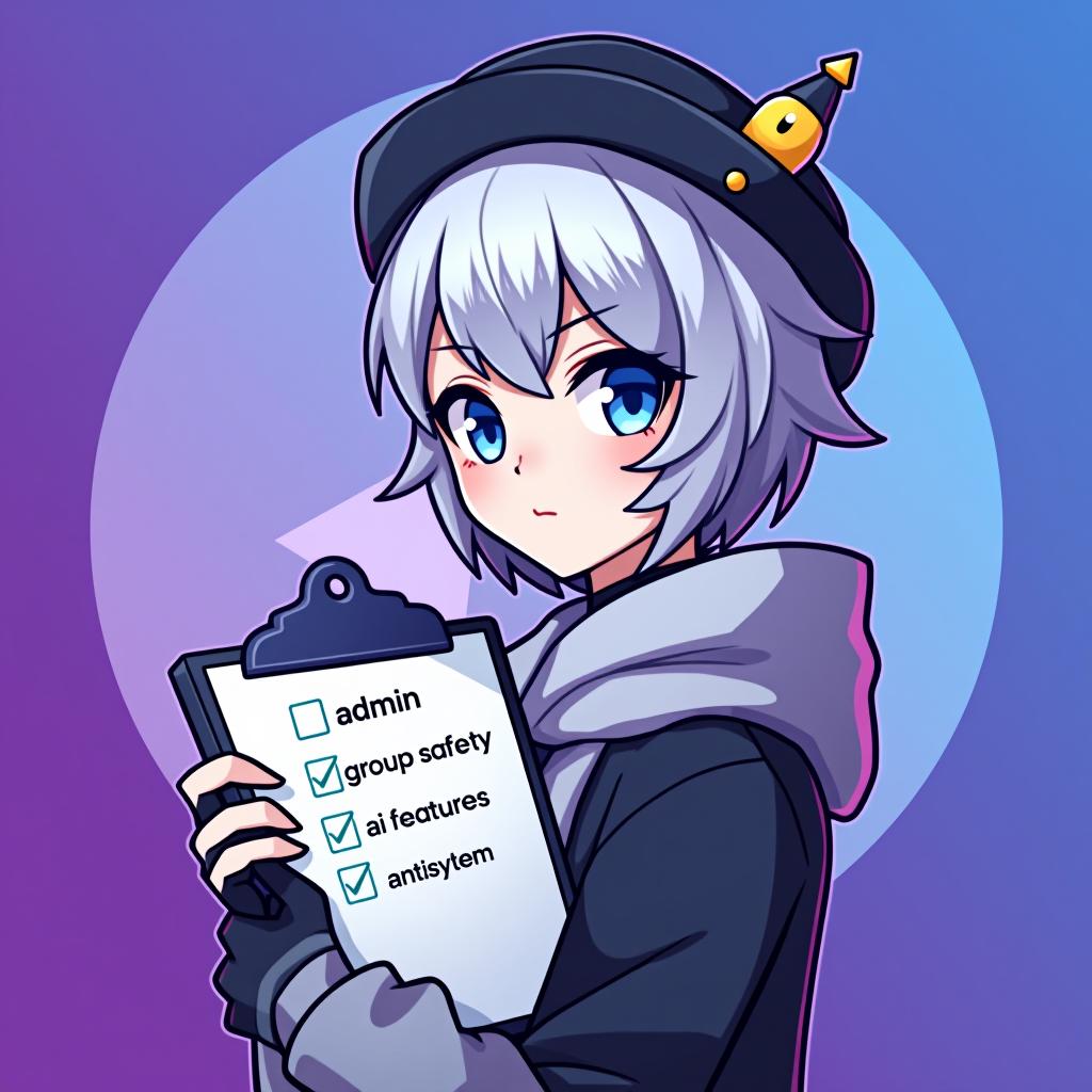  good quality, high quality, a profile picture for a telegram group management bot featuring emilia from re:zero. emilia is depicted with her silver hair and blue eyes, with hat, holding a stylized clipboard with a checklist. checklist in "admin" "group safety" "ai features" "antisytem", the background is a soft gradient of telegram logo purple and blue, symbolizing efficiency and organization. the telegram iconic logo is subtly integrated into the background, starting small near emilia and gradually growing in size and brightness as it moves outward, blending smoothly with the gradient color,