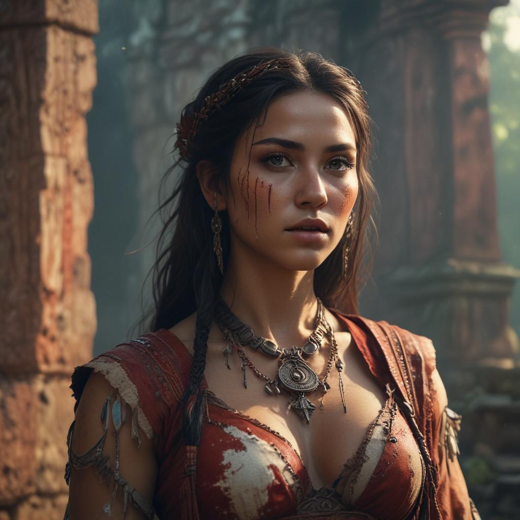 ((masterpiece)),(((best quality))), 8k, high detailed, ultra detailed, tribe woman dead blood, (ancient ruins), mystical aura, (mysterious artifacts), (haunting atmosphere), (ethereal glow) hyperrealistic, full body, detailed clothing, highly detailed, cinematic lighting, stunningly beautiful, intricate, sharp focus, f/1. 8, 85mm, (centered image composition), (professionally color graded), ((bright soft diffused light)), volumetric fog, trending on instagram, trending on tumblr, HDR 4K, 8K