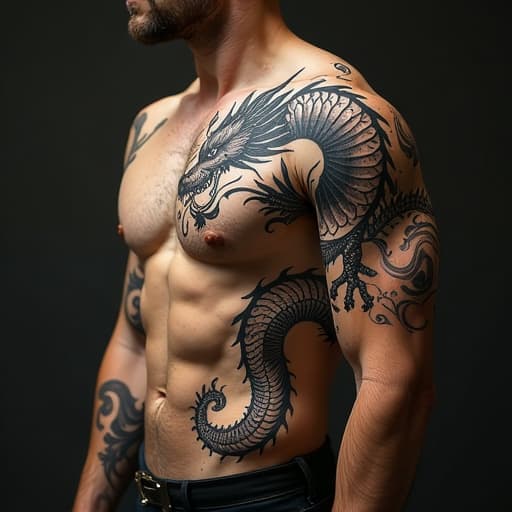  image of a dragon tattoo running along the side of a man's torso. the dragon should appear fierce and dynamic, with intricate scales and flowing lines, wrapping around the side of the body.create an image of a vintage style clothing and tattoo design. the person’s clothing must be included. hyperrealistic, full body, detailed clothing, highly detailed, cinematic lighting, stunningly beautiful, intricate, sharp focus, f/1. 8, 85mm, (centered image composition), (professionally color graded), ((bright soft diffused light)), volumetric fog, trending on instagram, trending on tumblr, HDR 4K, 8K