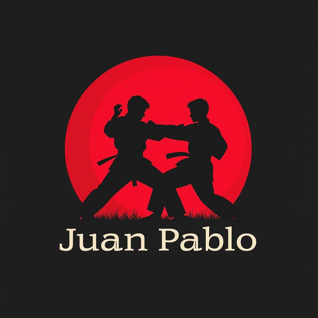  design a logo, in a minimalism style. logotipo de emblema, con el texto escrito ‘juan pablo”’, tema de tae kwon do , negro blanco y rojo, incluye silueta de joven combatiendo en tae kwon do