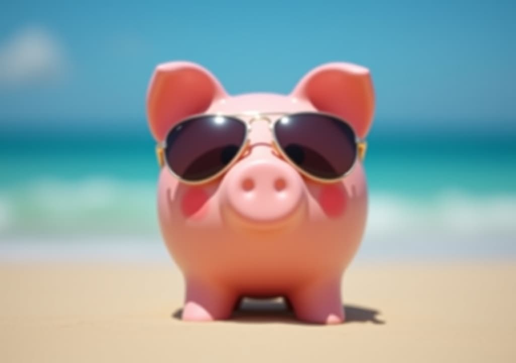  piggy bank wearing sunglasses chilling at the beach, save money for vacation concept, blur background