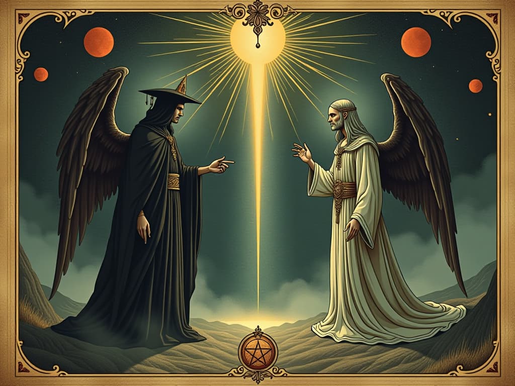  dialogue, mortal and divine figures, divine light beams, sense of communication and transcendence. an illustration in the style of a worn, mystical old tarot trump card, mysterious and elements of surrealism. the colors are muted, somber and eerie, but with contrast bring out an occult and esoteric vibe.