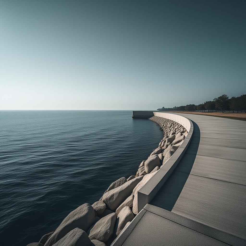  architectural style hdr foto, diagonal shore line, concrete embankment of grey color ocean, calm without waves ocean, beautiful black clouds seemed to freeze in time lapse, clear sharp, view from the rock, curvy horizon line landscape , high view frome above, angle view, 4k, artificial extremely high resolution details, photographic, realism pushed to extreme, fine texture, incredibly lifelike, complex background, uhd . clean lines, geometric shapes, minimalist, modern, architectural drawing, highly detailed