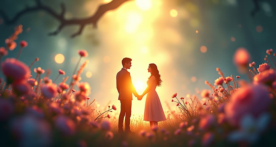  an ethereal garden filled with blooming flowers and radiant light, where two figures stand in the center. their intertwined hands emit a bright, unbreakable bond.. the style is digital art illustration,highly detailed, whimsical,magical, dreamlike atmosphere, realism and fantasy blend, smooth, glossy textures,luminous quality, wonder and enchantment.