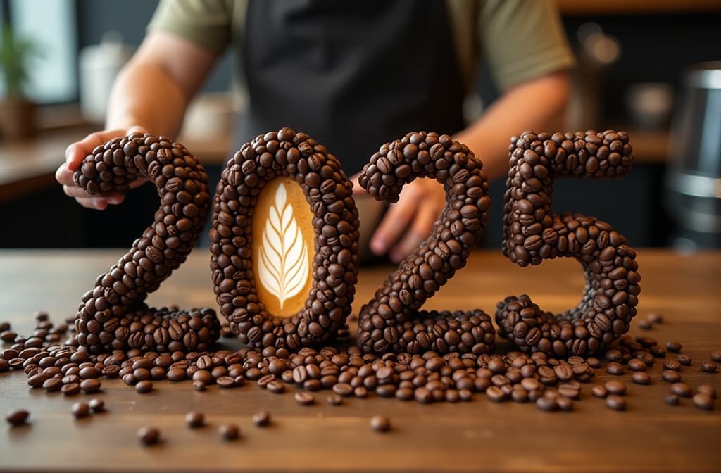  text “2025” formed from coffee beans and latte art, with baristas making specialty coffee in the background. {prompt}, maximum details