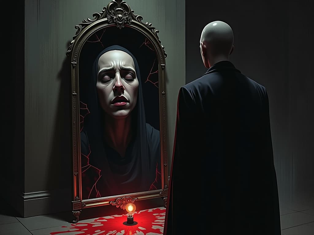  figure standing in front of a cracked mirror, reflection revealing a pained expression, surrounded by a gloomy room, faint light from a single bulb, mood of shame and realization.. the style is dark fantasy and mysterious occult, symbolic, moody lighting, esoteric vibe,high detail on character design. for the color scheme emphasize blacks and reds.