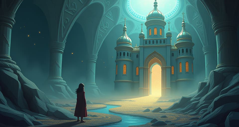  an ethereal palace, crumbling into glittering dust as a figure looks on with a mixture of disappointment and resignation. the enchanted environment is filled with an atmosphere of recurring misfortune.. the style is digital art illustration,highly detailed, whimsical,magical, dreamlike atmosphere, realism and fantasy blend, smooth, glossy textures,luminous quality, wonder and enchantment.