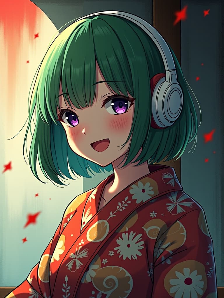  1girl,18yo,(((green bob haircut:1.2))),(((purple eyes))),headphone,very loud laugh,grunge splats,(((hokusai katushika:1.8))),(((japanese ukiyoe:1.8))) hyperrealistic, full body, detailed clothing, highly detailed, cinematic lighting, stunningly beautiful, intricate, sharp focus, f/1. 8, 85mm, (centered image composition), (professionally color graded), ((bright soft diffused light)), volumetric fog, trending on instagram, trending on tumblr, HDR 4K, 8K