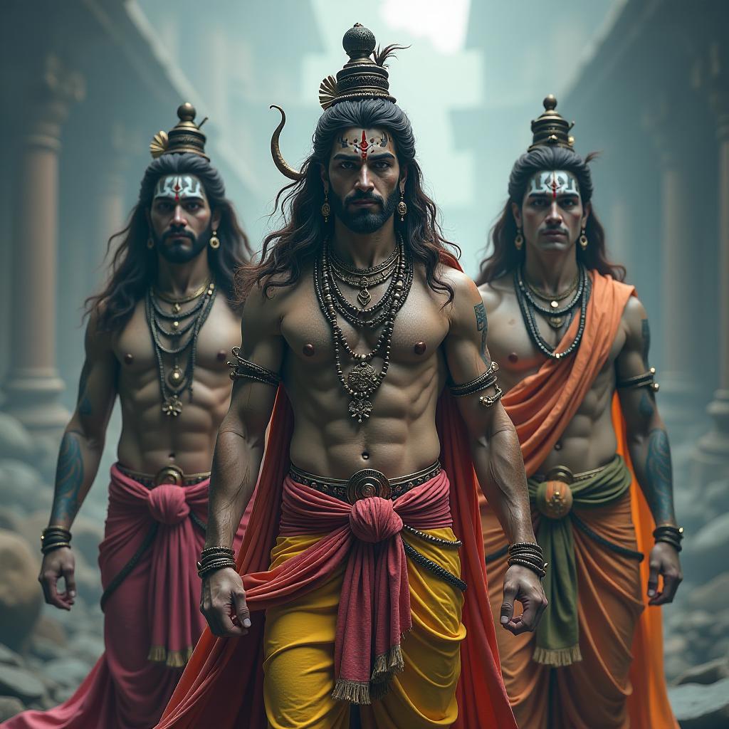  vishnu, brahma, and shiva hyperrealistic, full body, detailed clothing, highly detailed, cinematic lighting, stunningly beautiful, intricate, sharp focus, f/1. 8, 85mm, (centered image composition), (professionally color graded), ((bright soft diffused light)), volumetric fog, trending on instagram, trending on tumblr, HDR 4K, 8K