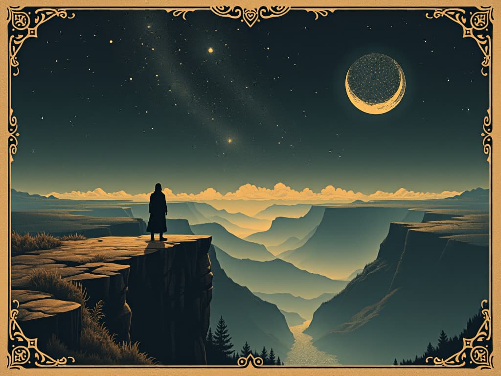  silhouette of a person standing at a cliff's edge, expansive abyss below, star filled sky, vast, ominous, sense of wonder and fear. an illustration in the style of a worn, mystical old tarot trump card, mysterious and elements of surrealism. the colors are muted, somber and eerie, but with contrast bring out an occult and esoteric vibe.