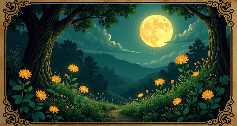  a thriving garden illuminated by moonlight, flowers glowing with ethereal luminance, lush greenery, sense of growth and flourishing. an illustration in the style of a worn, mystical old tarot trump card, mysterious and elements of surrealism. the colors are muted, somber and eerie, but with contrast bring out an occult and esoteric vibe.