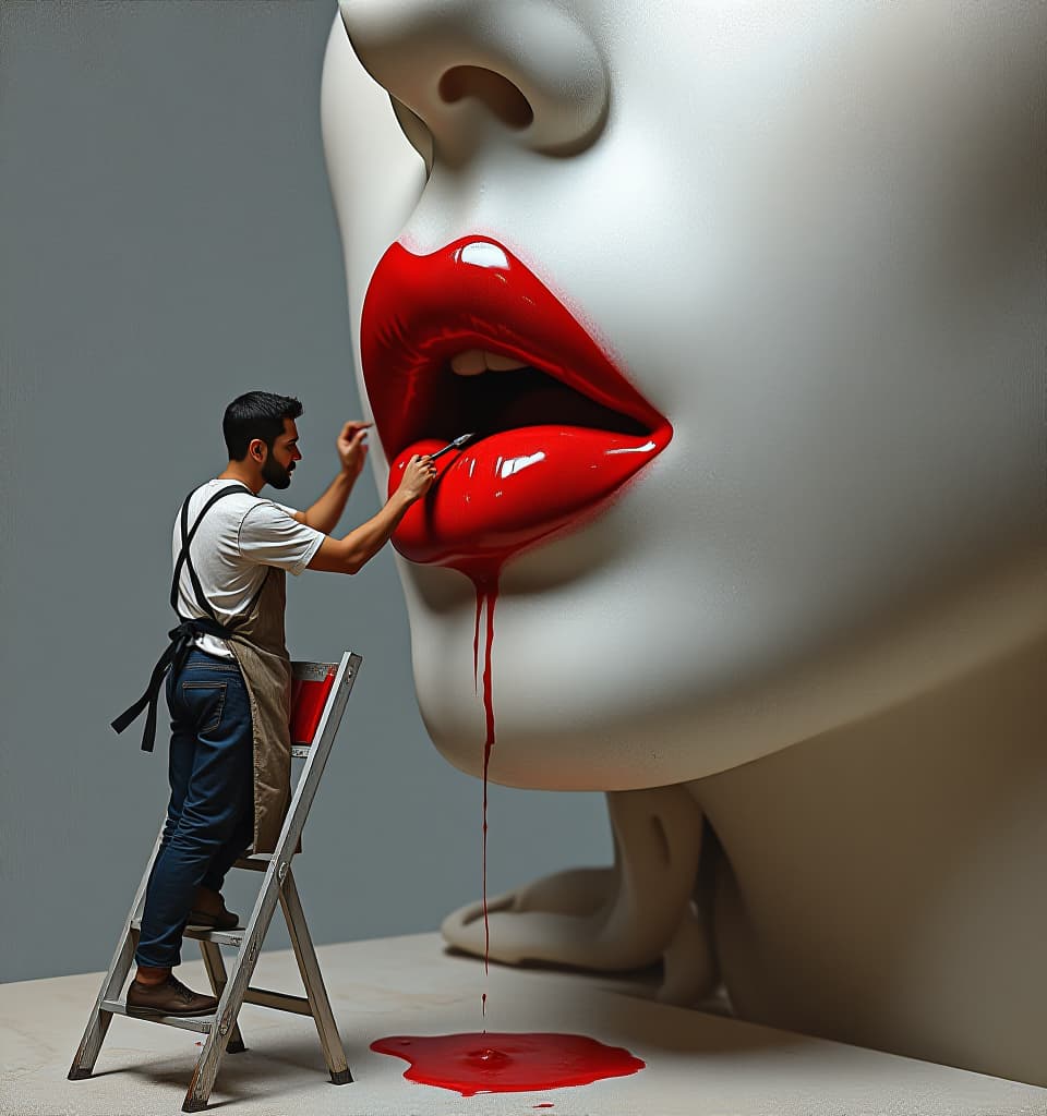  expressionist painting, photorealism, hyperrealism, a (miniature:1.4) male painter (black hair, apron, perfect hands:1.1) stands on a ladder and paints the lips of a gigantic marble woman's head (marble sculpture: 1.2) with a large brush using red paint similar in color to lipstick. the paint drips from the brush, forming a small puddle on the ground.