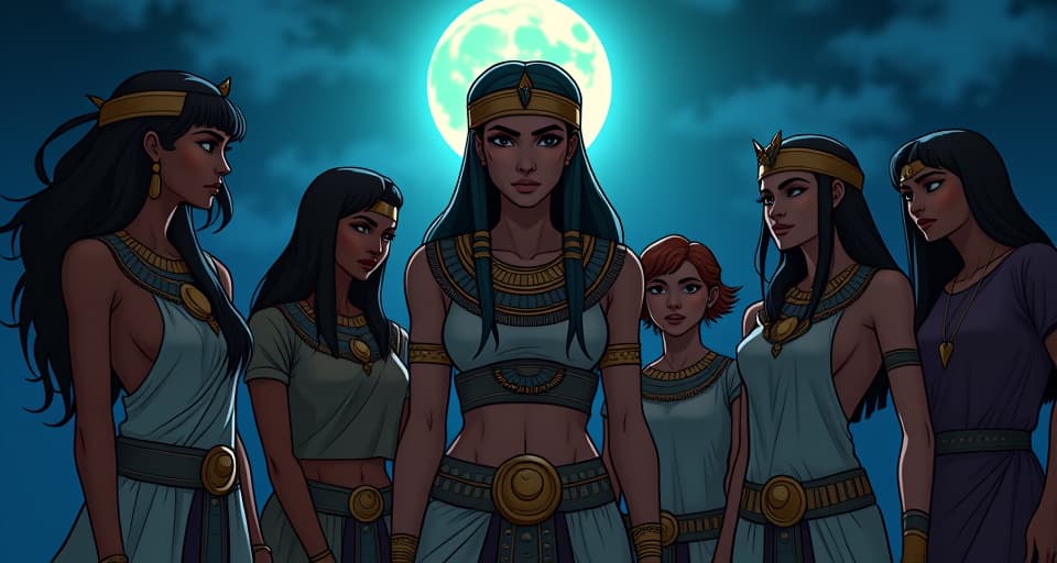  a group of close knit friends gathered under a moonlit night, one woman with envious eyes, standing slightly apart, aura of jealousy, night time camaraderie. the style is digital art illustration / modern comic book / mysterious occult, symbolic, esoteric vibe,high detail on character design, incorporating ancient egyptian symbology and attire.