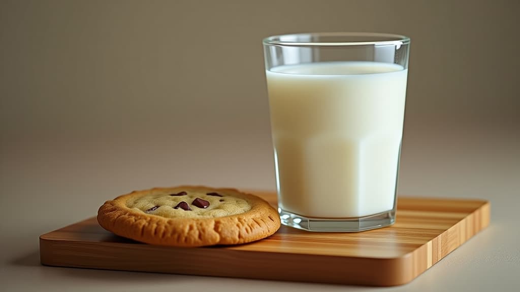  glass of milk next to a cookie, 4k hyperrealistic photo