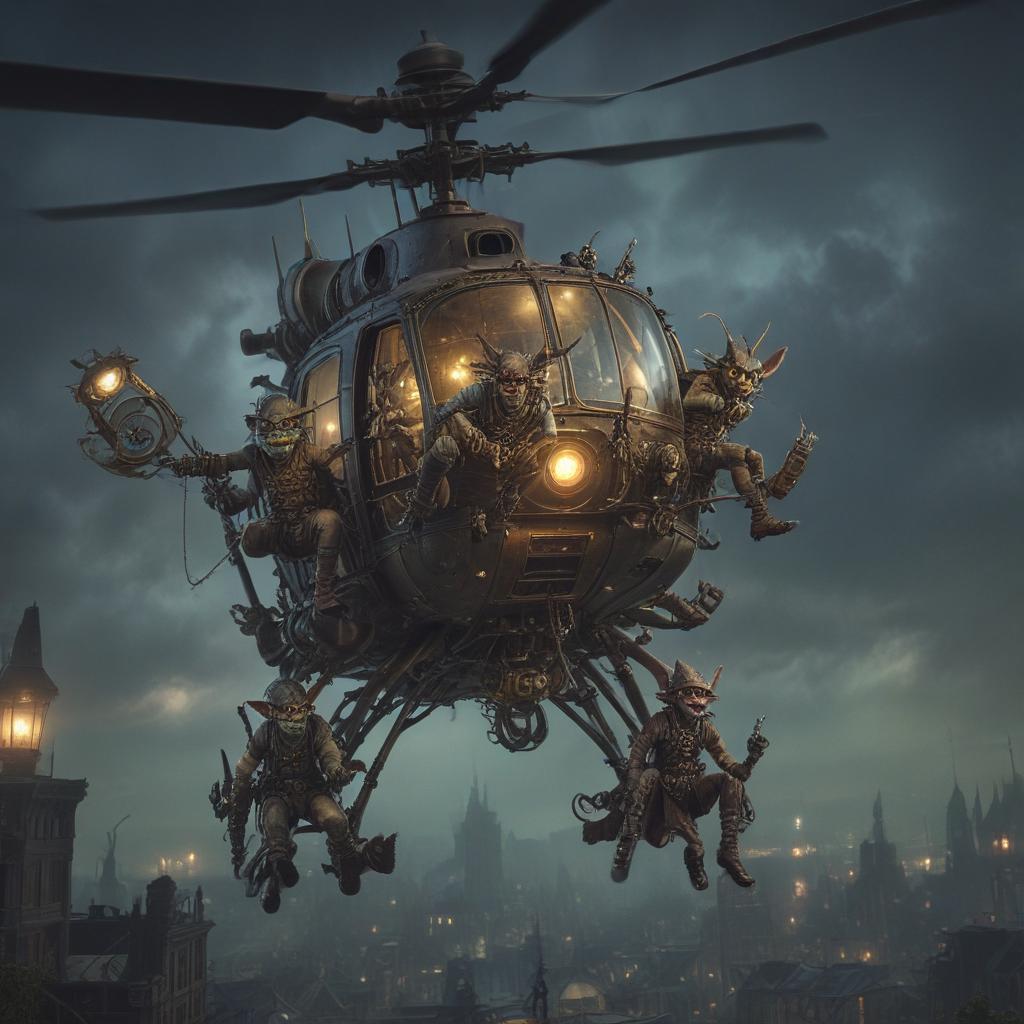 Steampunk Goblins Flying an Helicopter, Goblin Helicopter, laughing, infused with elements of mysticism, fantasy, or gothic, glowing flora, (Nocturnal creatures), magical phenomena, or eerie, dark settings typical of Goblins, (Use Dream Diffusion Secret Prompt), UHD hyperrealistic, full body, detailed clothing, highly detailed, cinematic lighting, stunningly beautiful, intricate, sharp focus, f/1. 8, 85mm, (centered image composition), (professionally color graded), ((bright soft diffused light)), volumetric fog, trending on instagram, trending on tumblr, HDR 4K, 8K