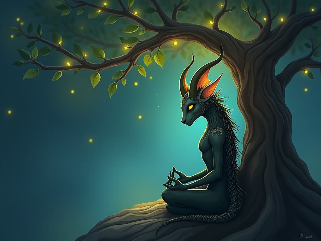  a mystical creature, intricately detailed, meditating under a glowing tree with luminescent leaves. the aura is contemplative and refining.. the style is digital art illustration,highly detailed, whimsical,magical, dreamlike atmosphere, realism and fantasy blend, smooth, glossy textures,luminous quality, wonder and enchantment.