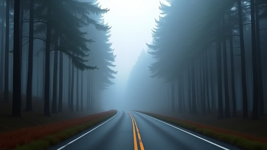  foggy forest road in pine trees