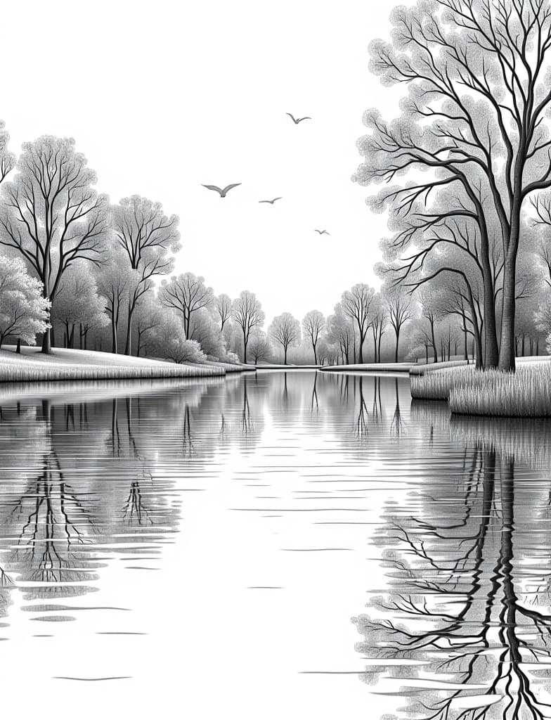  a calming lakeside scene with a reflection of autumn trees in the water, black and white line art on a white background, for an adult coloring page.