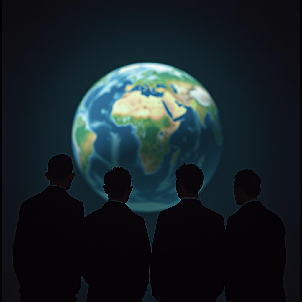  cinematic photo four men in anonymous masks stand and look at the reduced earthly world, the dark background, the view from top to bottom of the hemisphere . 35mm photograph, film, bokeh, professional, 4k, highly detailed