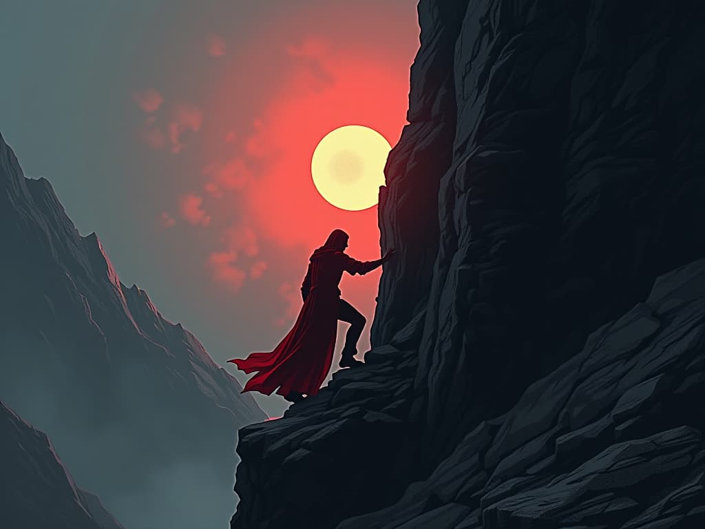  person in red garments, climbing a steep rocky cliff, shadows cast by a low sun, sense of struggle and determination. the style is digital art illustration / modern comic book / graphic dark novel fantasy and mysterious occult, symbolic, moody lighting, esoteric vibe,high detail on character design. for the color scheme emphasize blacks and reds.