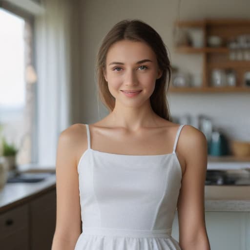 one beautiful young European with preety eyes standing in one pose in the kitchen, ((one standing in one pose)), ((in the simple dress )), very skinny, ,((looking at viewer)), smile, ((pretty eyes)), close-up,, (((in simple clothes)))smile on beach hyperrealistic, full body, detailed clothing, highly detailed, cinematic lighting, stunningly beautiful, intricate, sharp focus, f/1. 8, 85mm, (centered image composition), (professionally color graded), ((bright soft diffused light)), volumetric fog, trending on instagram, trending on tumblr, HDR 4K, 8K