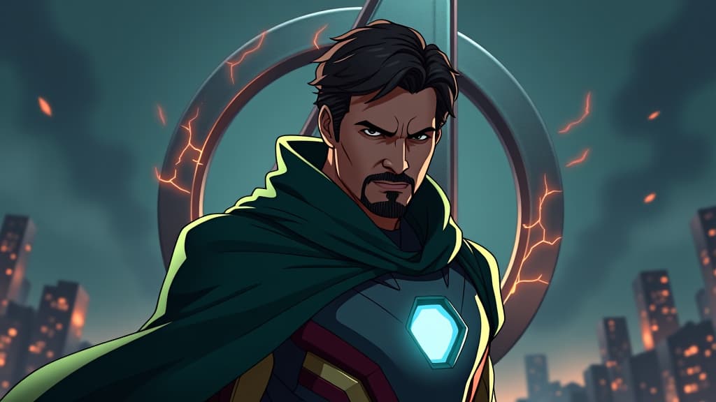  anime, anime sytle, anime image, cartoon, real cartoon, real anime, a hyper realistic movie poster for "avengers secret war" starring tom cruise as unlimate iron man. he is depicted with a sinister expression, wearing a heavily armored, dark green cloak. the background shows a war torn city in shadows, with the avengers logo partially illuminated by crackling energy.