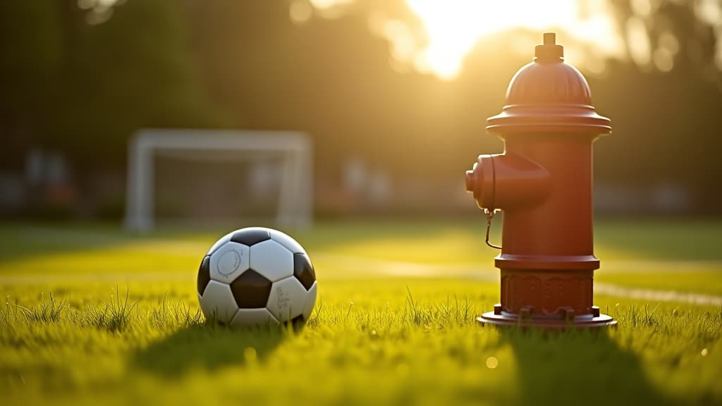  a soccer ball rests on the grass beside a fire hydrant, sunny daybackdrop subtly