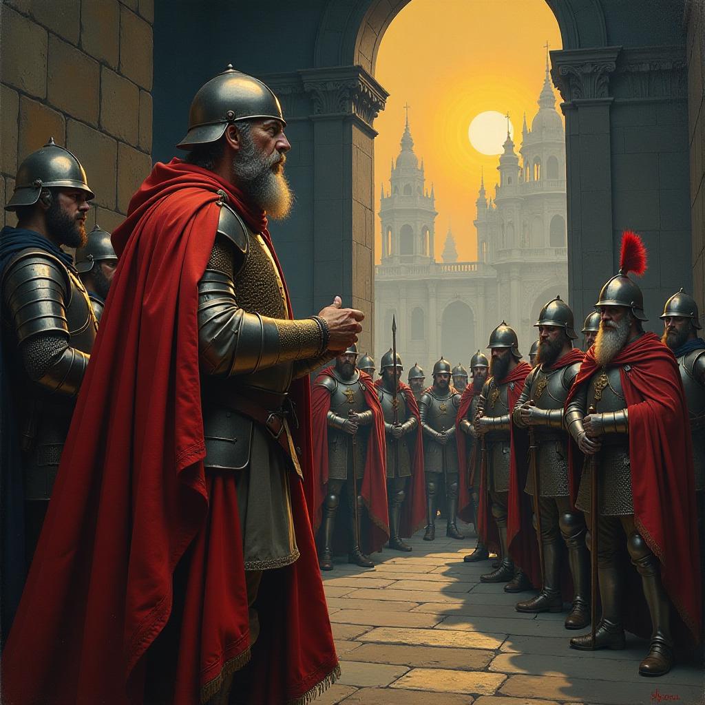  an oil painting in 80's fantasy poster art of detail view of medieval army listening inspiring speech