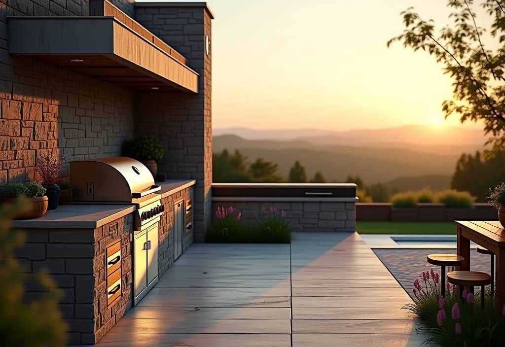  a landscape photo of a close up view of an elegant outdoor kitchen on a patio, featuring a built in grill, stone countertops, and a small herb garden, with a backdrop of a serene landscape hyperrealistic, full body, detailed clothing, highly detailed, cinematic lighting, stunningly beautiful, intricate, sharp focus, f/1. 8, 85mm, (centered image composition), (professionally color graded), ((bright soft diffused light)), volumetric fog, trending on instagram, trending on tumblr, HDR 4K, 8K