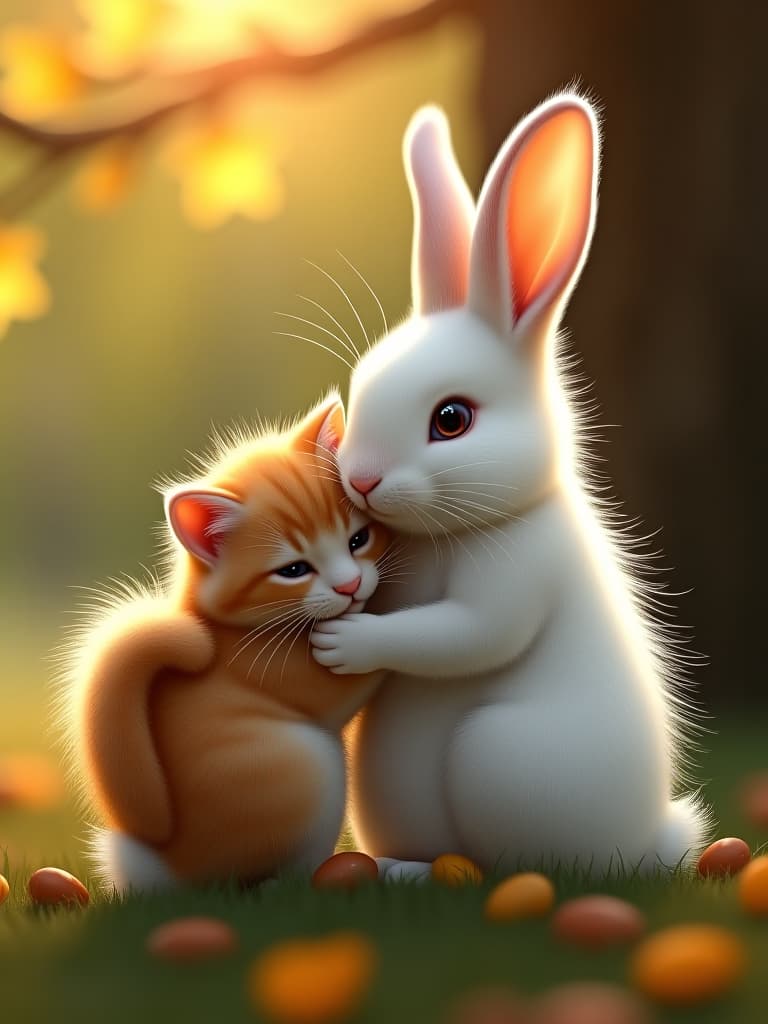  the orange kitten curled up in the white rabbit's arms, its tail gently swaying. in the background, the tree's branches and shimmering sunlight glowed softly.cute photo realistic, highly intricate and detailed, masterpiece, ultra high res,photography,8k resolution