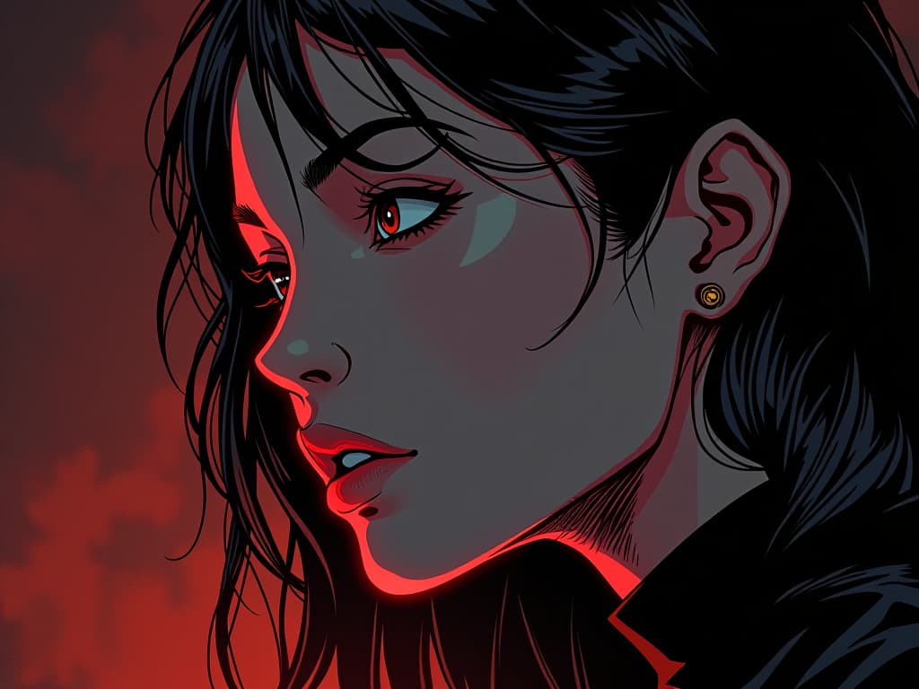  close up of face, tranquil expression, soft whisper in the ear, sense of divine guidance. the style is digital art illustration / modern comic book / graphic dark novel fantasy and mysterious occult, symbolic, moody lighting, esoteric vibe,high detail on character design. for the color scheme emphasize blacks and reds.