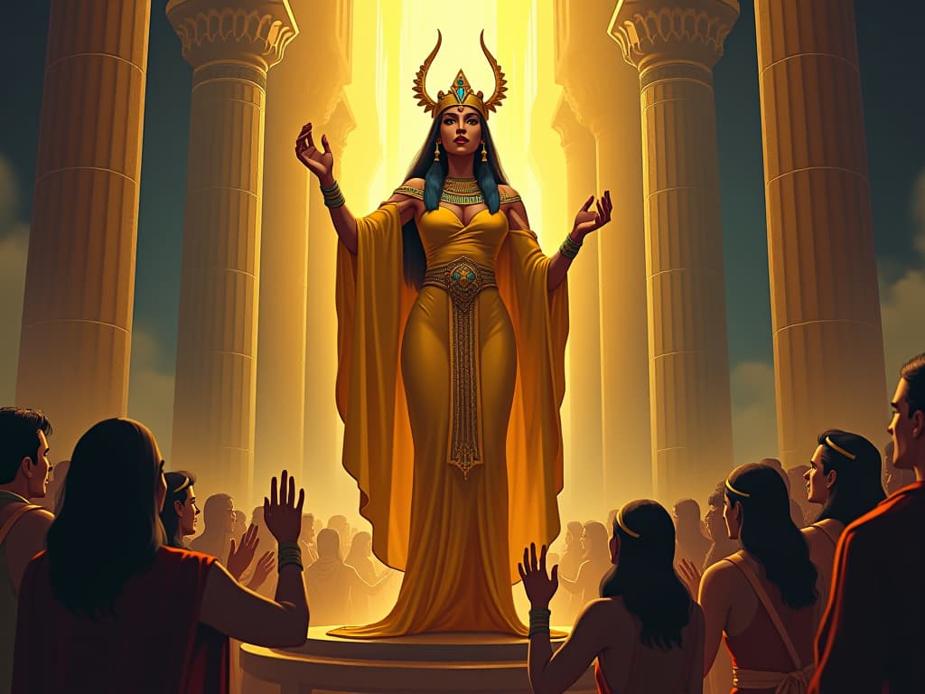  the goddess hathor, large busted, wrapped in a golden, form fitting dress, standing on a podium, extending her hand to a crowd of egyptian people, who are receiving her divine guidance and inspiration, emanating an aura of transformation.. the style is digital art illustration / modern comic book / mysterious occult, symbolic, esoteric vibe,high detail on character design, incorporating ancient egyptian symbology and attire.