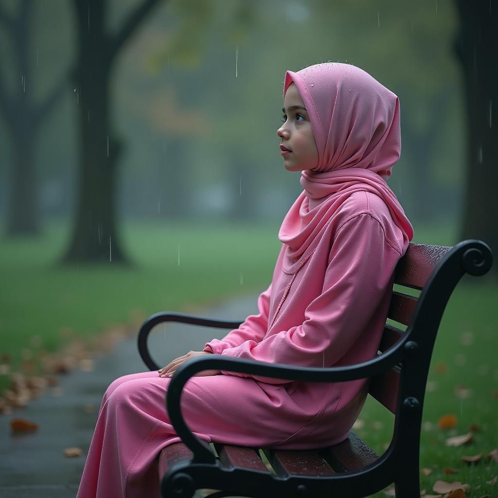  a girl in a pink hijab is sitting on a bench in the park under the rain. hyperrealistic, full body, detailed clothing, highly detailed, cinematic lighting, stunningly beautiful, intricate, sharp focus, f/1. 8, 85mm, (centered image composition), (professionally color graded), ((bright soft diffused light)), volumetric fog, trending on instagram, trending on tumblr, HDR 4K, 8K