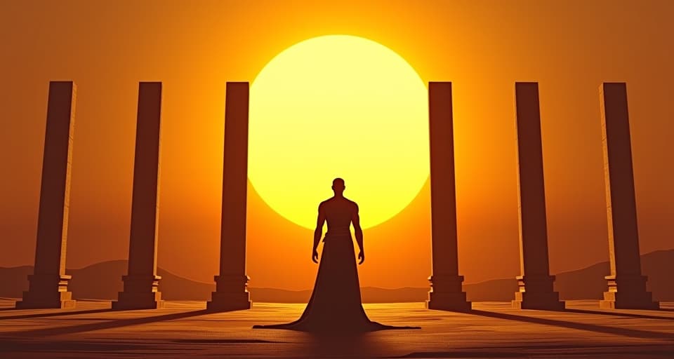  a golden sun disk rising behind a line of obelisks, casting long shadows, serene and grateful atmosphere. the style is digital art illustration / modern comic book / mysterious occult, symbolic, esoteric vibe,high detail on character design, incorporating ancient egyptian symbology and attire.