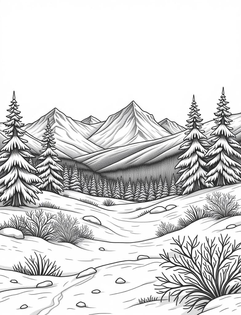  this is for an adult coloring page. a detailed black and white line art of a snowy snowy landscape with a distant view of a mountain range on a solid white background.