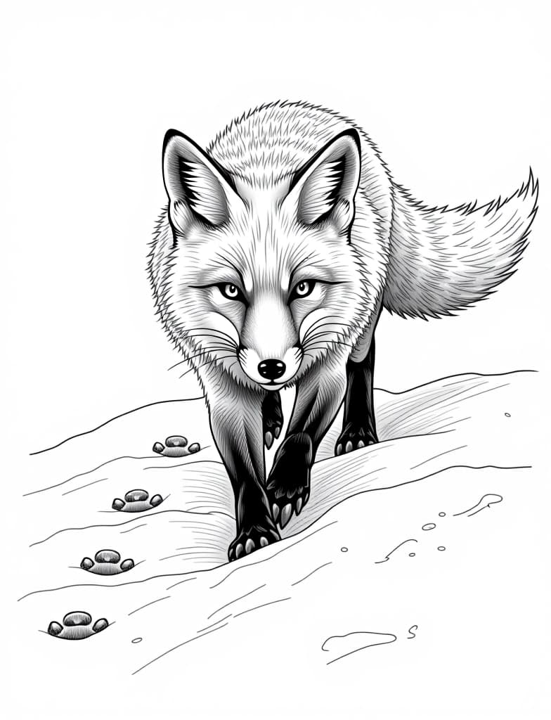  this is for an adult coloring page. a detailed black and white line art of a snowy fox hunting in the snow, with paw prints trailing behind on a solid white background.