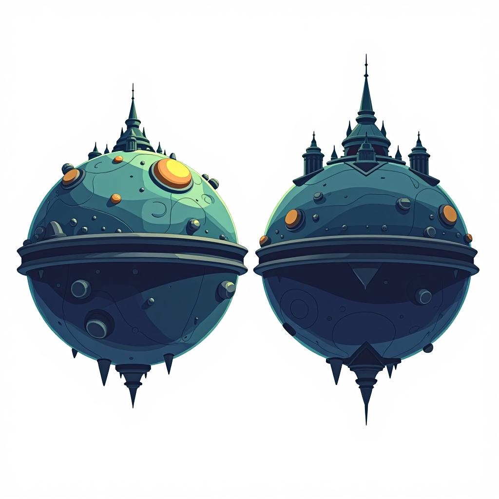  white background. left side: a simple vector graphic showing a hyper realistic alien planet's front view with mysterious structures and bioluminescent patches. right side: back view of the same planet, maintaining high detail and consistency. both views should depict the same materials and feature fantasy elements like glowing areas and unique architectural forms. cartoon and disney style. the views share the same object.