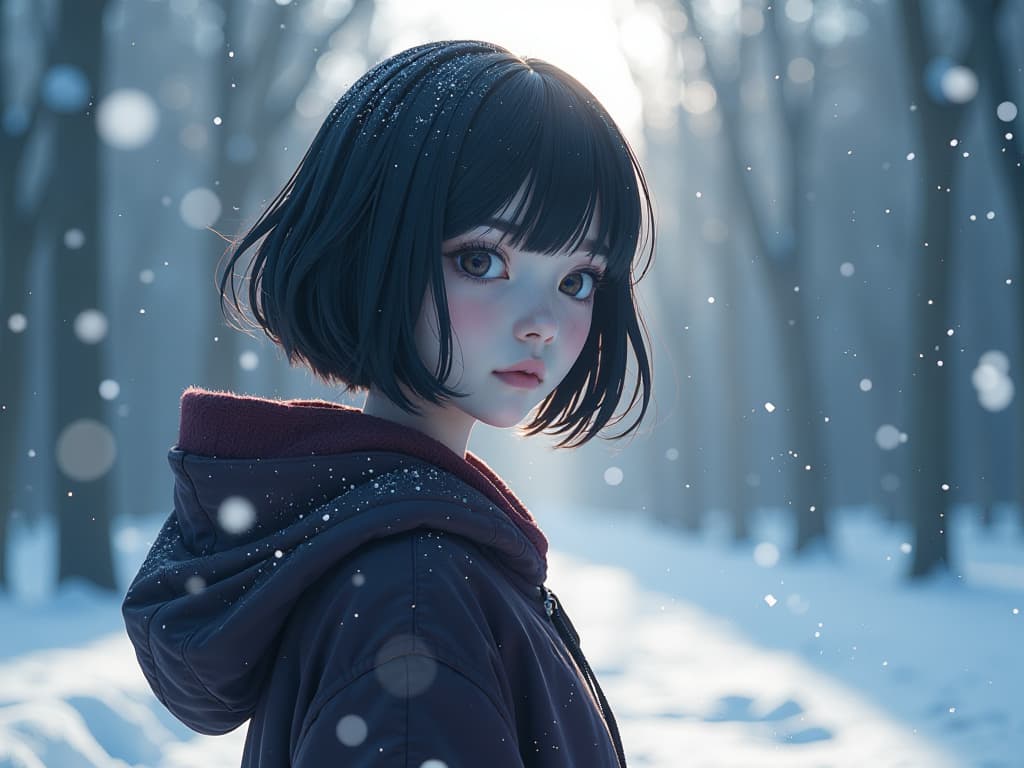  a person that is standing in the snow, cinematic lain fractal lain, refracted line and sparkles, shiny bob haircut, style of madhouse studio anime, prism details, official artwork, crystal particles, shoulder length, unconnected, flowercore, moviestill, webtoon hyperrealistic, full body, detailed clothing, highly detailed, cinematic lighting, stunningly beautiful, intricate, sharp focus, f/1. 8, 85mm, (centered image composition), (professionally color graded), ((bright soft diffused light)), volumetric fog, trending on instagram, trending on tumblr, HDR 4K, 8K