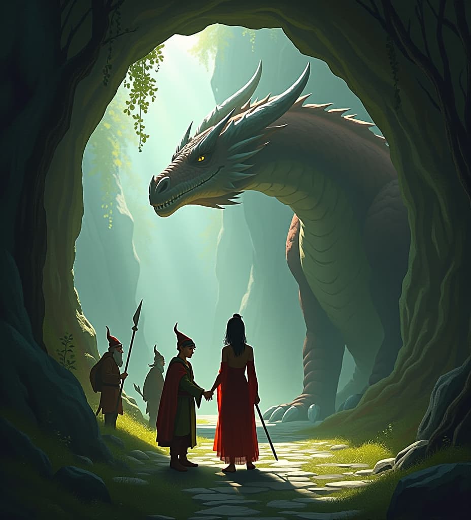  beautiful short asian elf, being by dwarves in a mystical den while a dragon watches