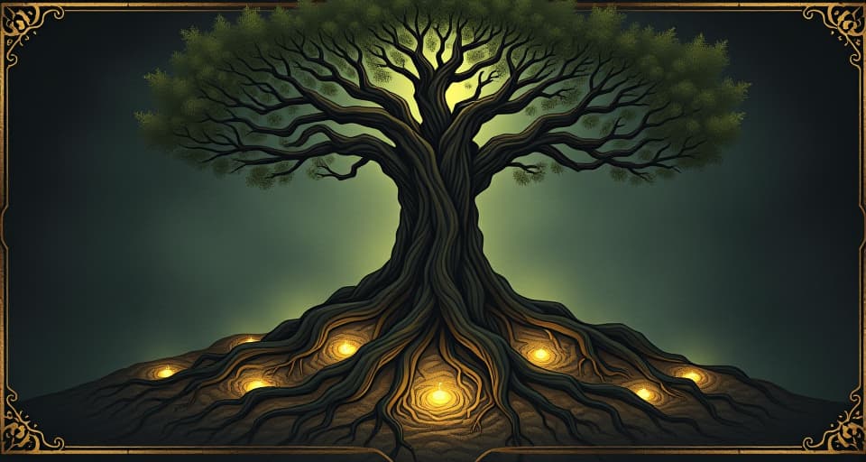  a strong tree with roots deeply embedded in glowing soil, surrounded by dark shadows, each root illuminated, symbolizing growth and resilience through faith, stability, divine nurturing. an illustration in the style of a worn, mystical old tarot trump card, mysterious and elements of surrealism. the colors are muted, somber and eerie, but with contrast bring out an occult and esoteric vibe.