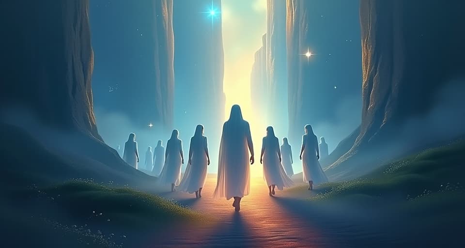  a central figure leading a group of ethereal beings through a mystical landscape. the path glowing with inspiration, each step marked by guiding light, the atmosphere motivating.. the style is digital art illustration,highly detailed, whimsical,magical, dreamlike atmosphere, realism and fantasy blend, smooth, glossy textures,luminous quality, wonder and enchantment.