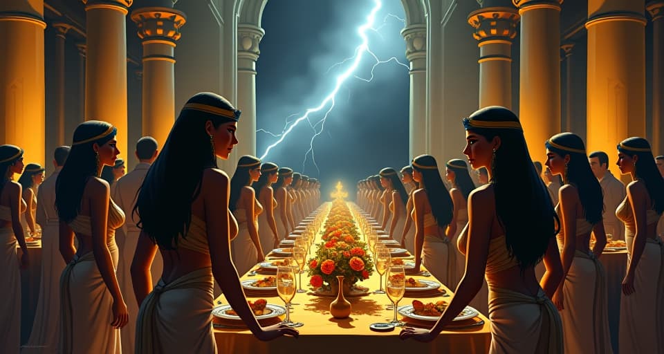  ancient egyptian banquet, large busted women in tight, sheer gowns, ornate gold jewelry, lingering, guests in conversations, sudden hush as an ethereal storm cloud looms overhead. the style is digital art illustration / modern comic book / mysterious occult, symbolic, esoteric vibe,high detail on character design, incorporating ancient egyptian symbology and attire.