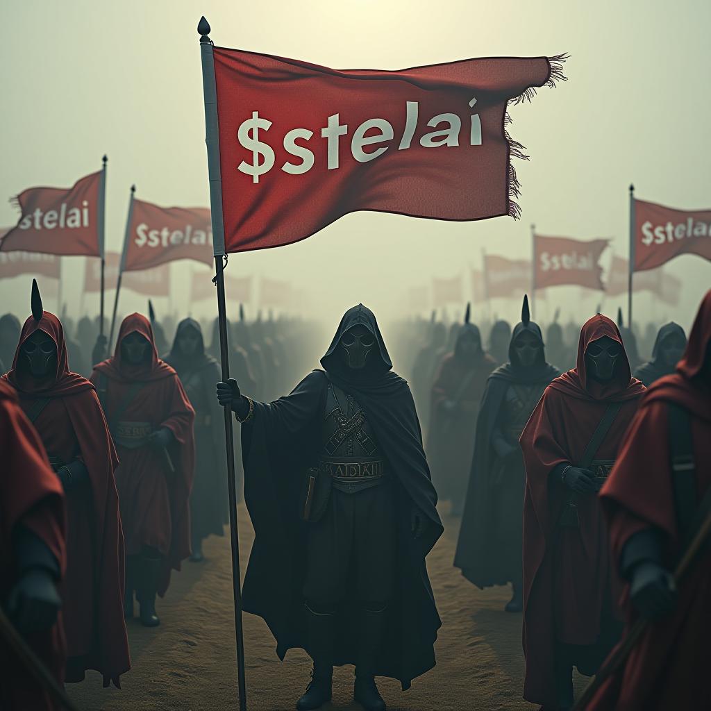  an army of different races holding a flag with $stelai written on the flag hyperrealistic, full body, detailed clothing, highly detailed, cinematic lighting, stunningly beautiful, intricate, sharp focus, f/1. 8, 85mm, (centered image composition), (professionally color graded), ((bright soft diffused light)), volumetric fog, trending on instagram, trending on tumblr, HDR 4K, 8K