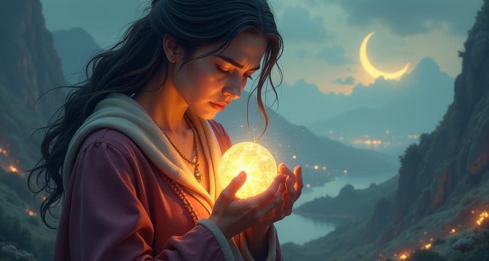  a figure clutching a glowing, celestial medallion, face strained but determined. the background shows a mystical landscape at the edge of their endurance, signifying perseverance. the mood is intense and determined.. the style is digital art illustration,highly detailed, whimsical,magical, dreamlike atmosphere, realism and fantasy blend, smooth, glossy textures,luminous quality, wonder and enchantment.