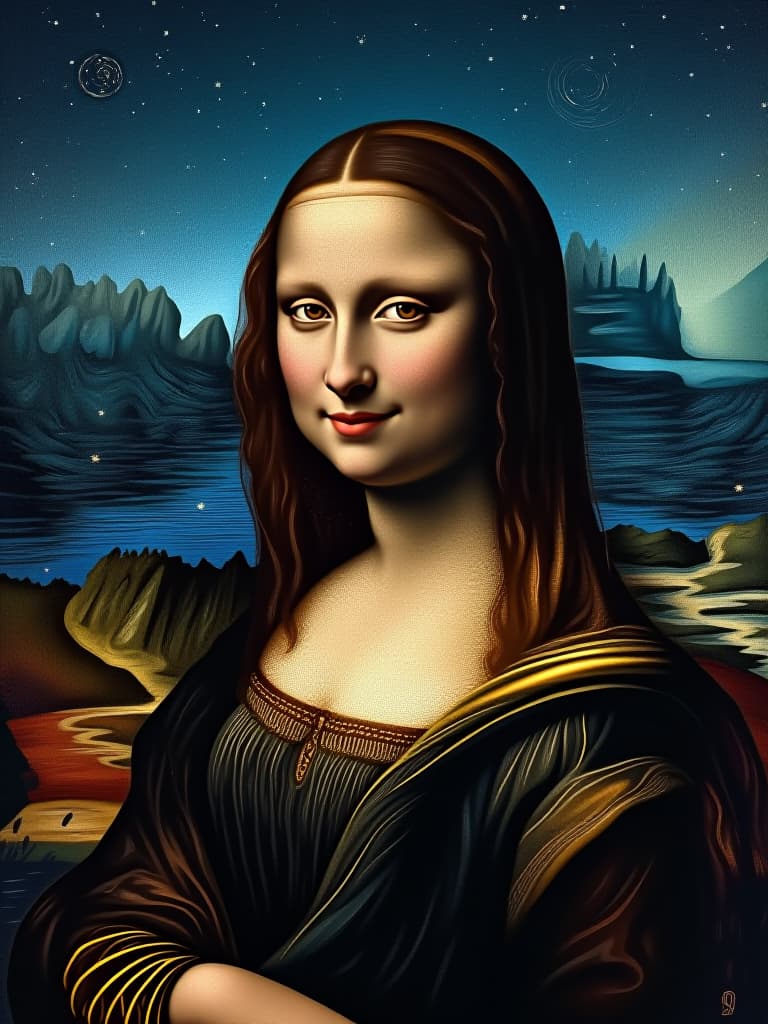  a reimagined portrait of the mona lisa set against a starry night sky. the iconic figure is depicted looking directly at the viewer with her enigmatic smile, as swirling stars and galaxies illuminate the dark blue sky behind her. her expression remains calm and mysterious, but the modern setting adds a touch of wonder and serenity. the lighting is soft, with gentle moonlight highlighting her face and the subtle textures of her clothing. the background features a blend of deep blues, purples, and twinkling stars, creating a dreamlike atmosphere that merges the classical with the celestial.