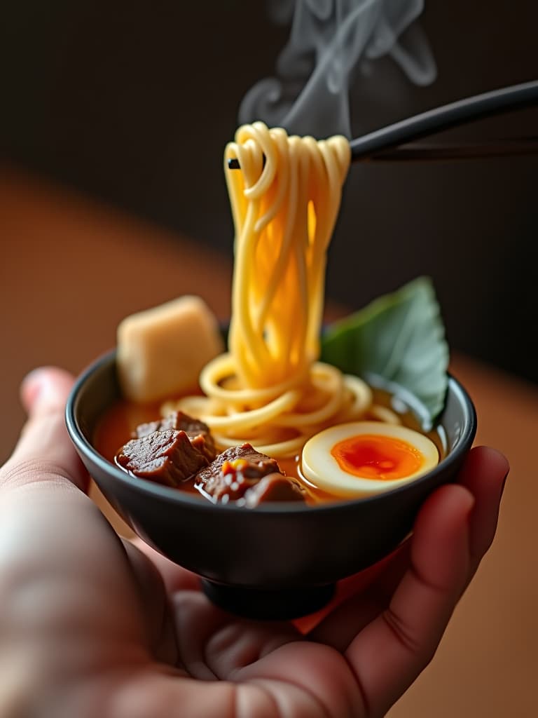  (((person))), (((hand))), (((holding))), miniature beef noodle soup, realistic style, close up shot, canon 50mm lens, detailed noodles, steam rising, appetizing, food photography, soft focus background, japanese food inspiration, high resolution, vivid colors, studio lighting, highly detailed photo, sharp details, best quality, 4k, raw photo