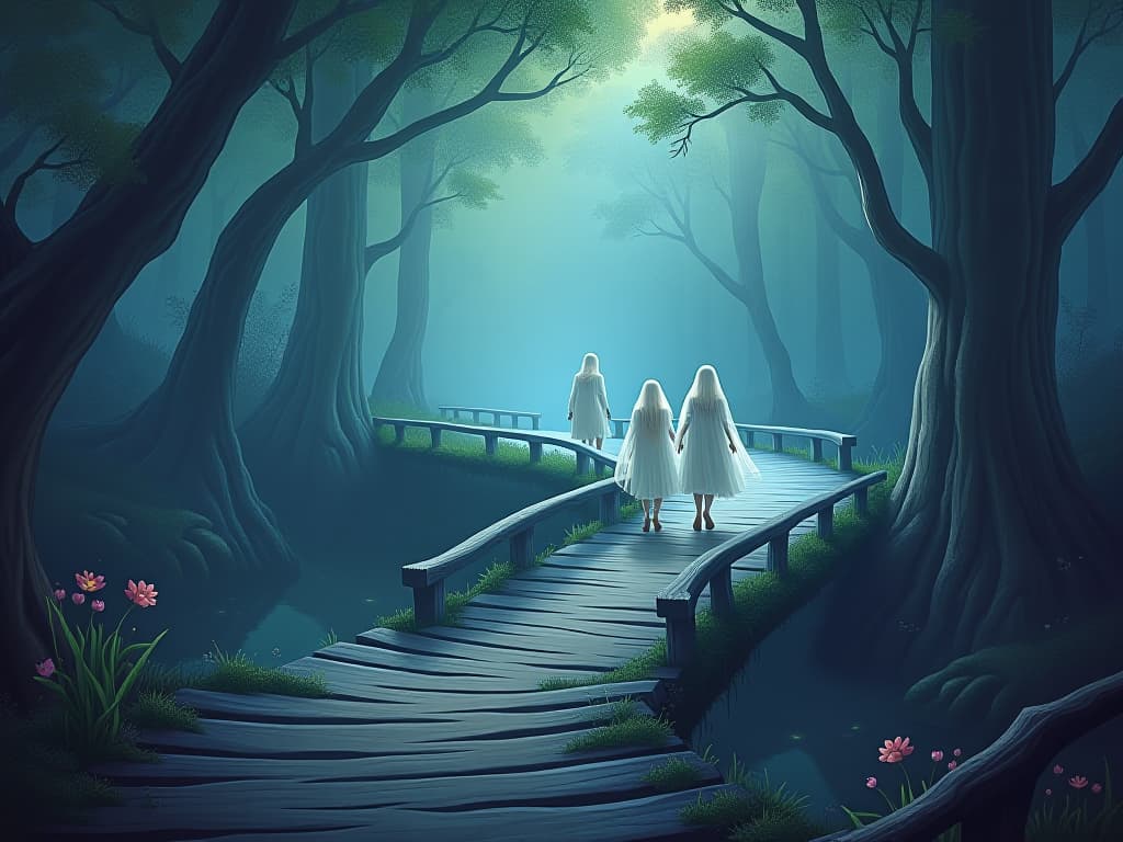  a mystical bridge in an enchanted forest. ethereal beings crossing, hesitant steps, their once confident strides now faltering. the path ahead filled with uncertainty, atmosphere tinged with doubt.. the style is digital art illustration,highly detailed, whimsical,magical, dreamlike atmosphere, realism and fantasy blend, smooth, glossy textures,luminous quality, wonder and enchantment.