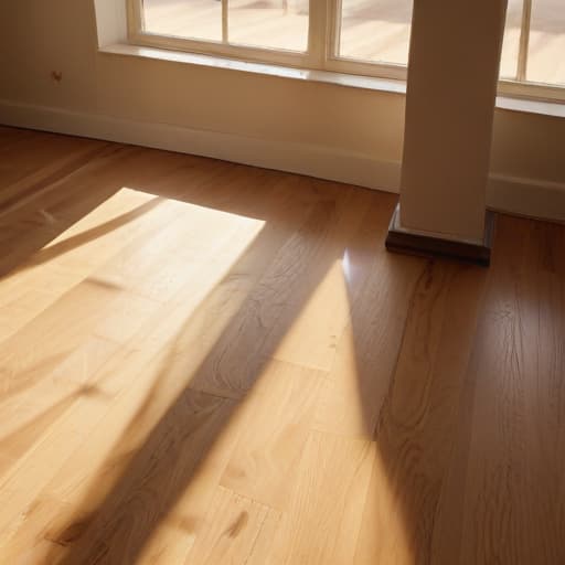 A photo of a craftsman meticulously laying down pristine wooden flooring in a spacious, sunlit living room during the golden hours of late afternoon, casting warm, soft shadows that accentuate the grain and texture of the wood.