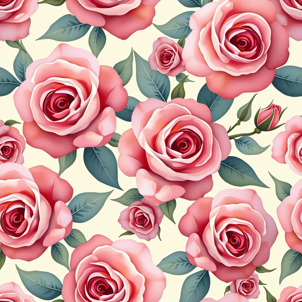  create a seamless digital design featuring a pattern of large, beautiful roses with soft, watercolor like effects. the roses should cover the entire surface, creating a bold, elegant, and continuous look. the overall style should be light and airy, with delicate leaves and petals to enhance the natural, floral theme. the design should be seamless to ensure it can be used in repeating patterns or wraps.